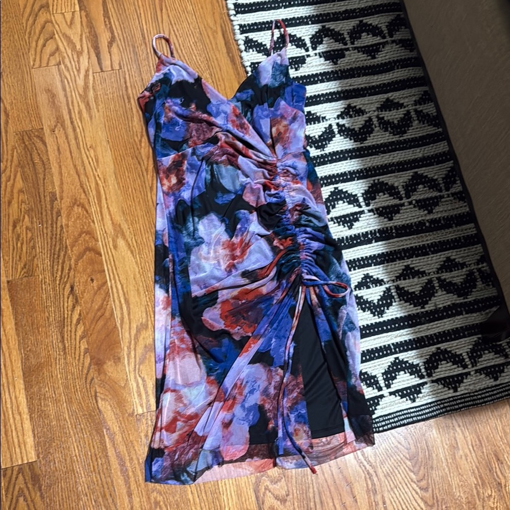 BCBG Blue and Purple Ruched Midi Sundress